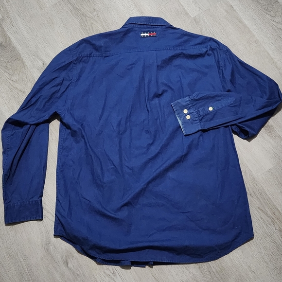 Vintage 90s Tommy Jeans Hilfiger Button Up Shirt Navy Blue Center Stripe Sz XL - Picture 4 of 9